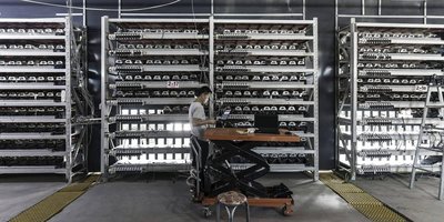 Modern mining farm filled with Dogecoin mining rigs working efficiently